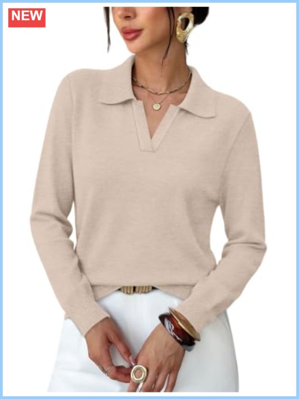 Women's Polo Collar V-Neck Long Sleeve Sweater Pullover Business Casual
